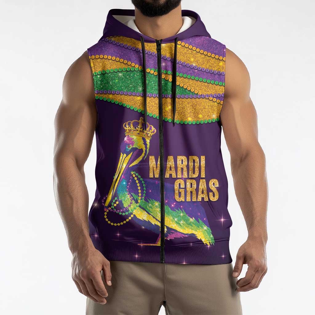 Faux Glitter Mardi Gras Pelican Sleeveless Zip Hoodie - Wonder Print Shop