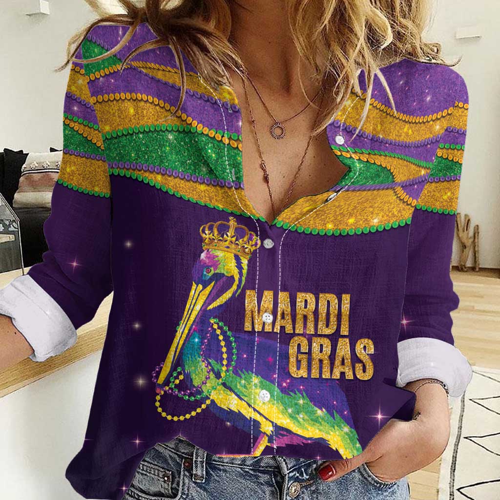 Faux Glitter Mardi Gras Pelican Women Casual Shirt - Wonder Print Shop