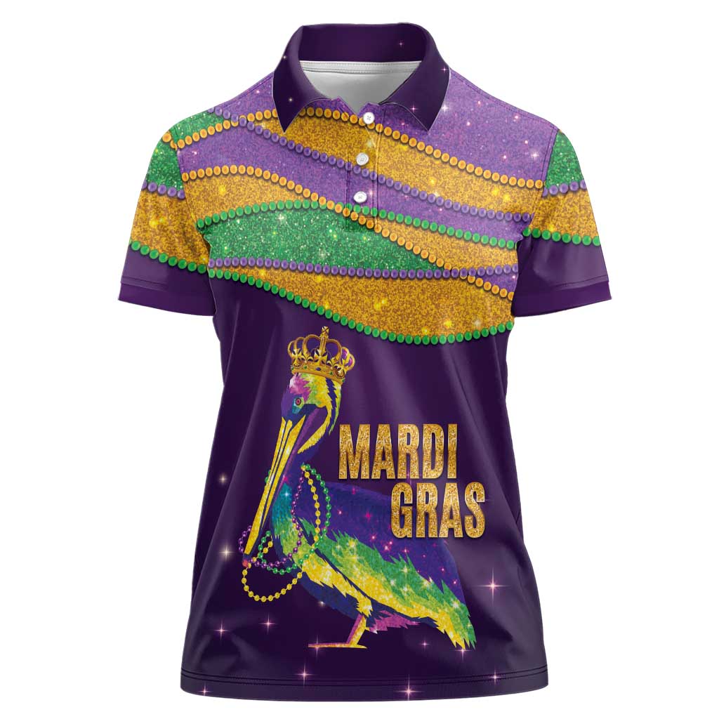 Faux Glitter Mardi Gras Pelican Women Polo Shirt - Wonder Print Shop