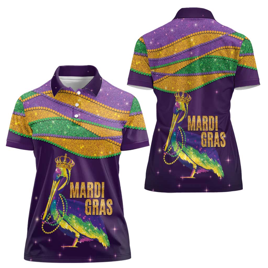 Faux Glitter Mardi Gras Pelican Women Polo Shirt - Wonder Print Shop