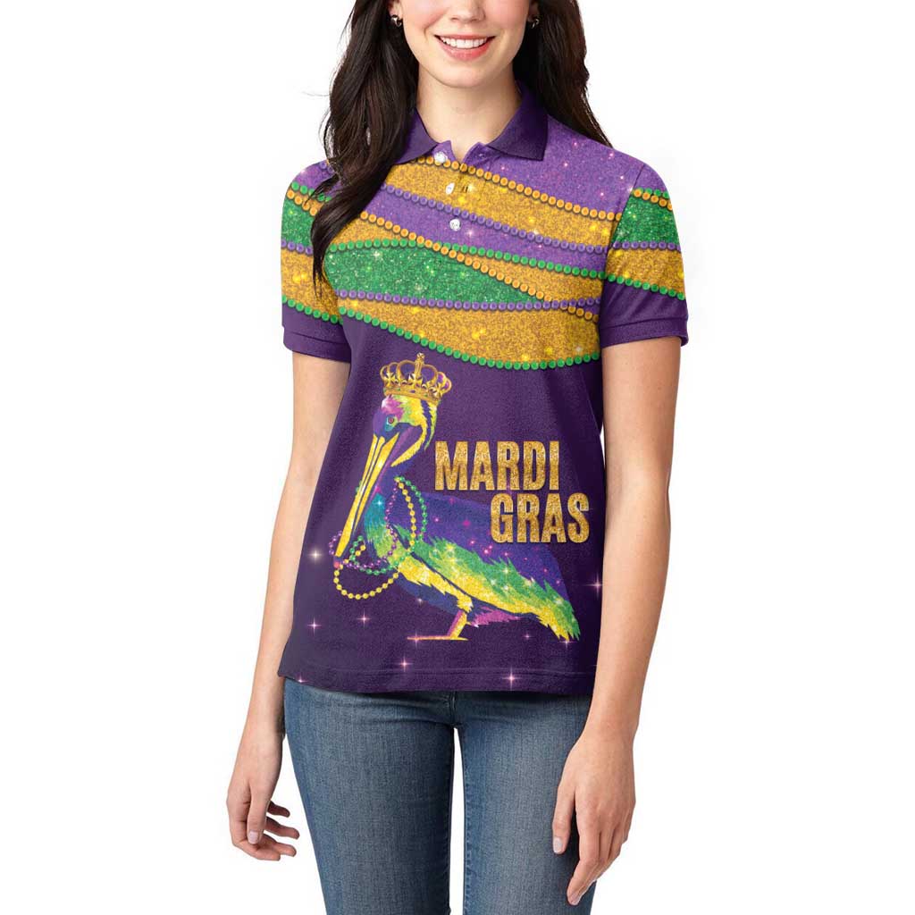 Faux Glitter Mardi Gras Pelican Women Polo Shirt - Wonder Print Shop