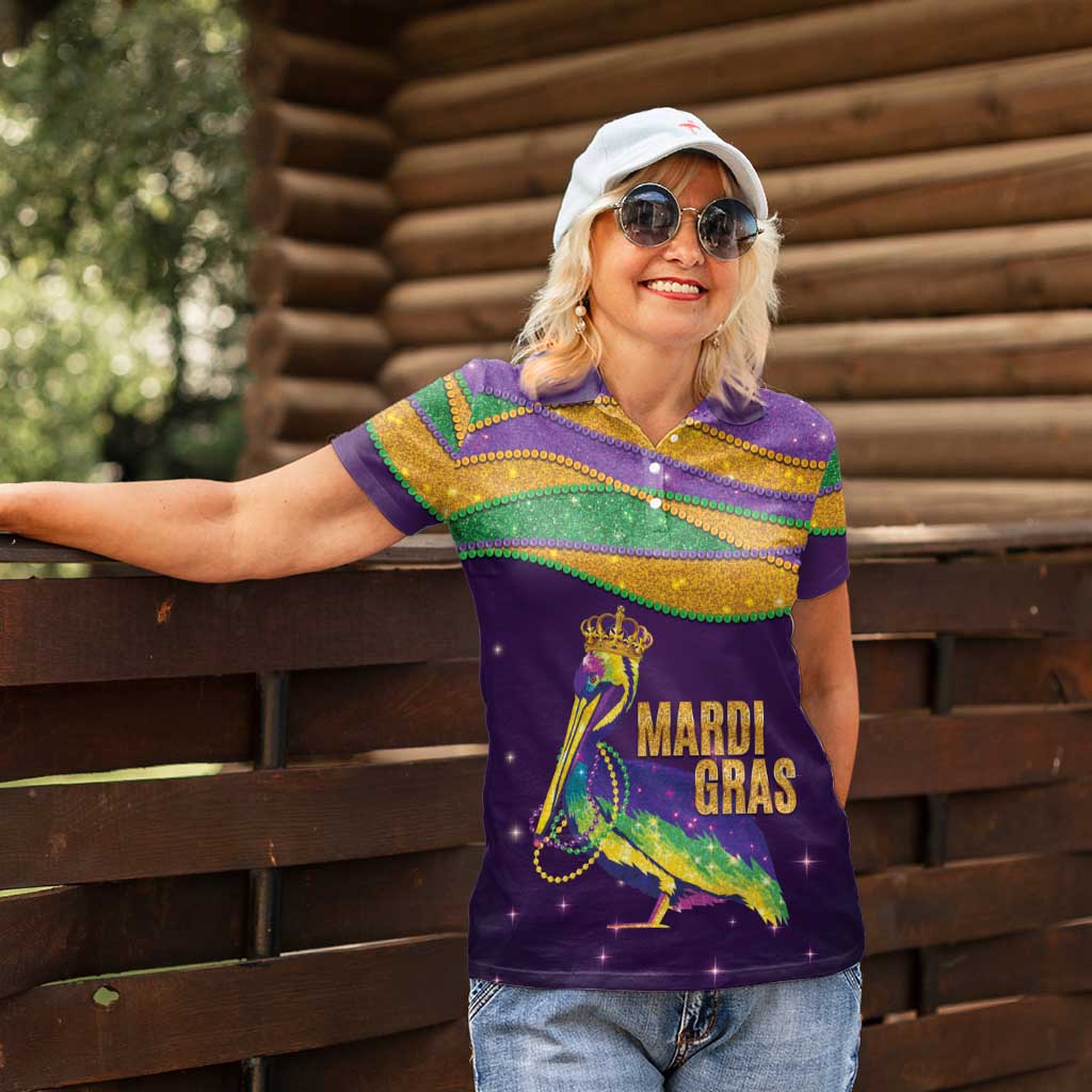 Faux Glitter Mardi Gras Pelican Women Polo Shirt - Wonder Print Shop