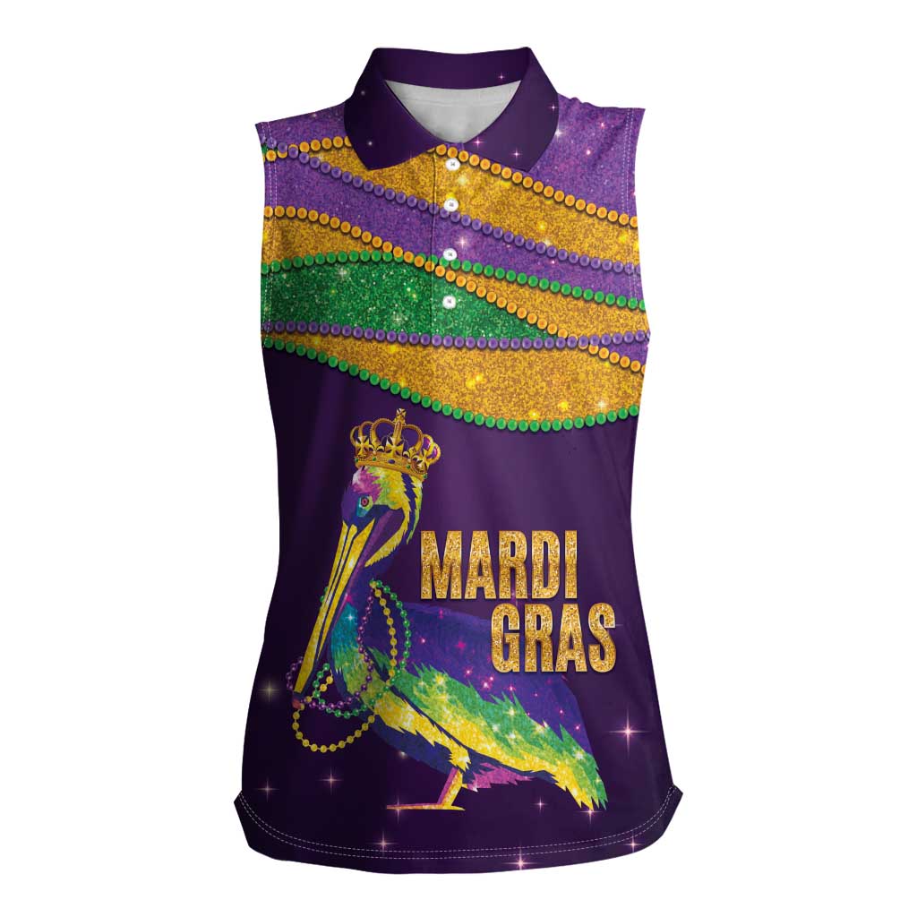 Faux Glitter Mardi Gras Pelican Women Sleeveless Polo Shirt - Wonder Print Shop