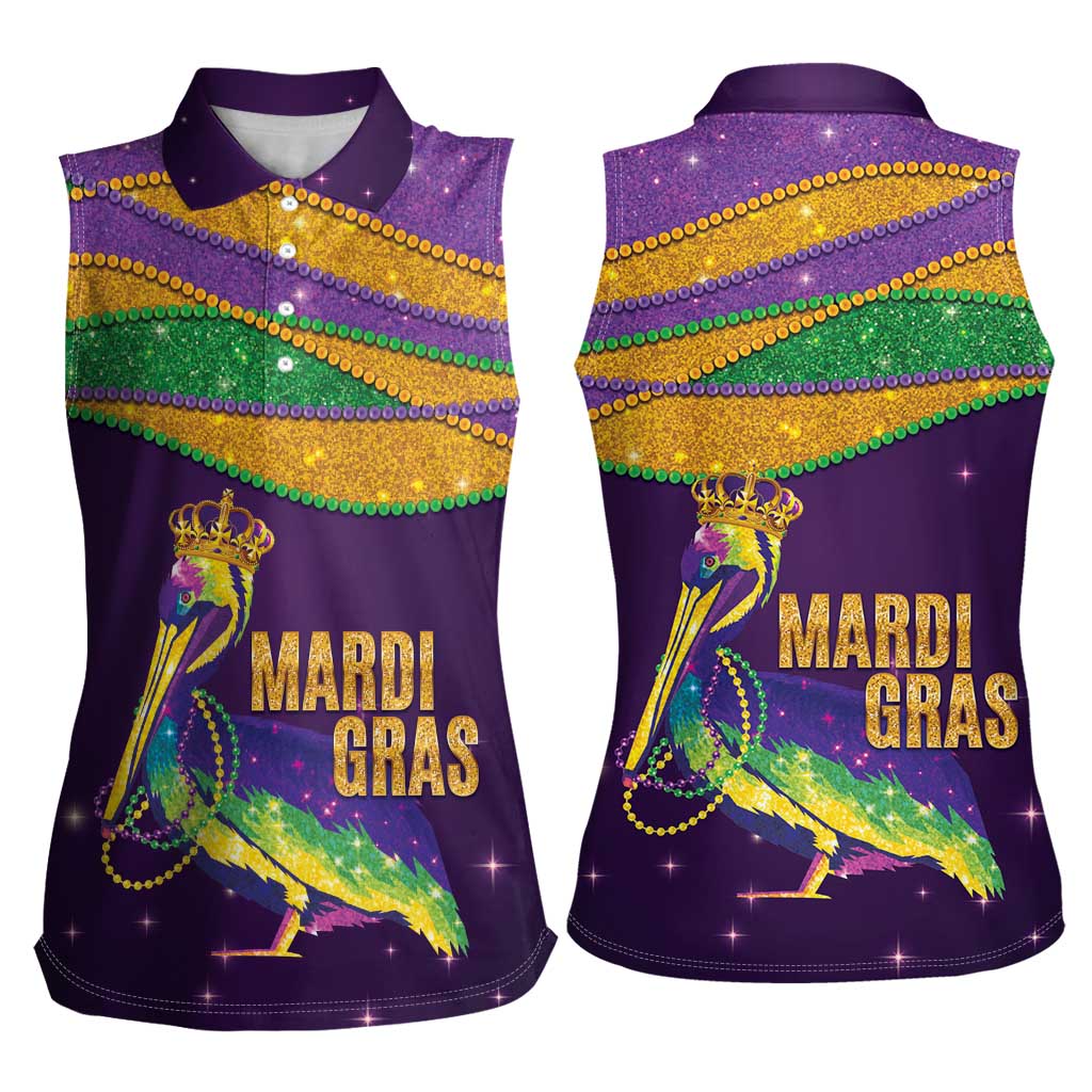 Faux Glitter Mardi Gras Pelican Women Sleeveless Polo Shirt - Wonder Print Shop