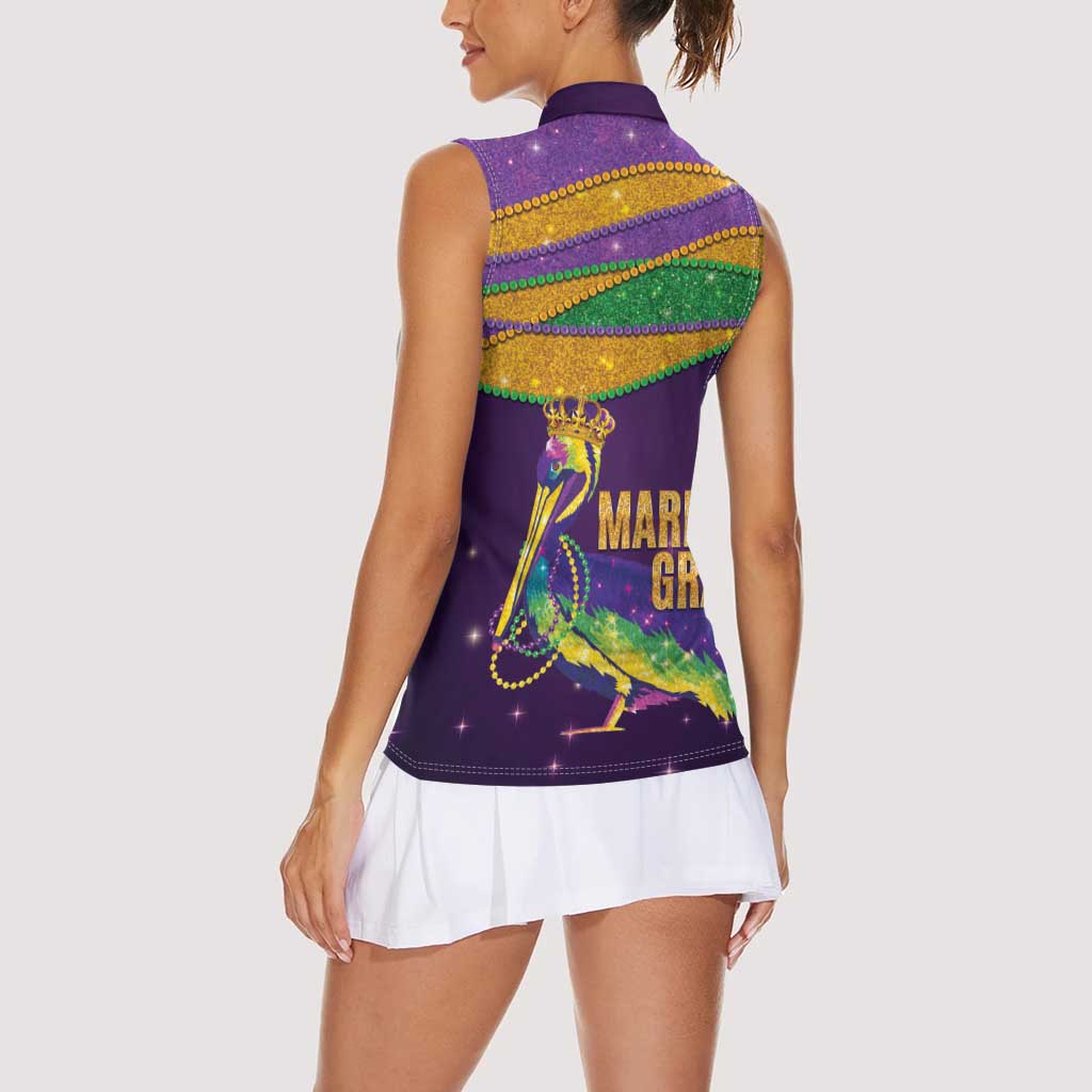 Faux Glitter Mardi Gras Pelican Women Sleeveless Polo Shirt - Wonder Print Shop