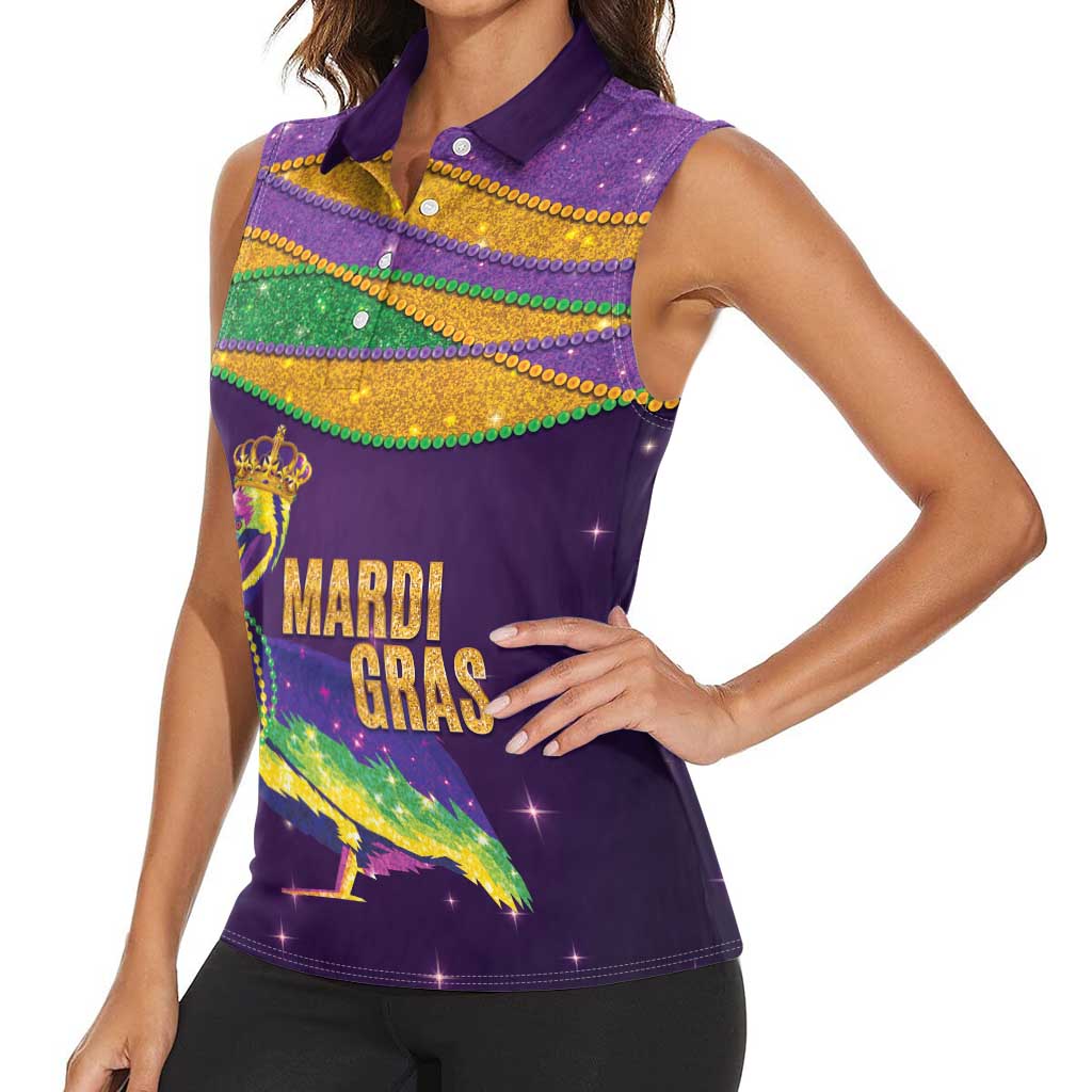 Faux Glitter Mardi Gras Pelican Women Sleeveless Polo Shirt - Wonder Print Shop
