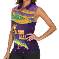 Faux Glitter Mardi Gras Pelican Women Sleeveless Polo Shirt - Wonder Print Shop