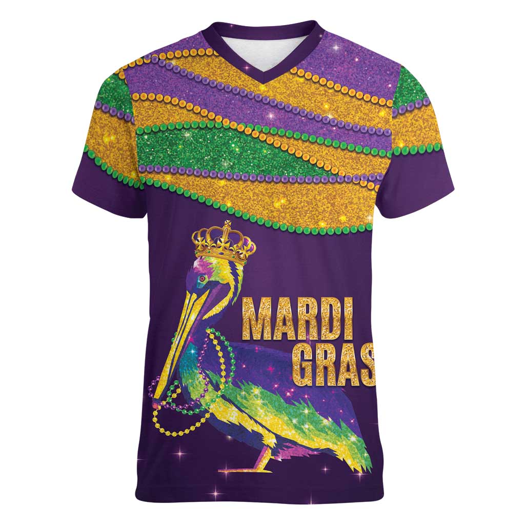 Faux Glitter Mardi Gras Pelican Women V-Neck T-Shirt - Wonder Print Shop