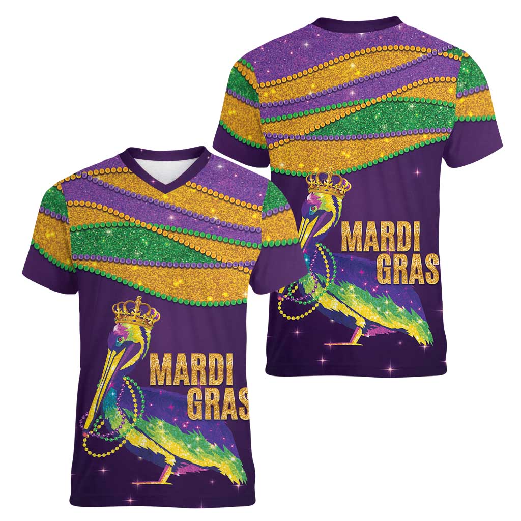 Faux Glitter Mardi Gras Pelican Women V-Neck T-Shirt - Wonder Print Shop