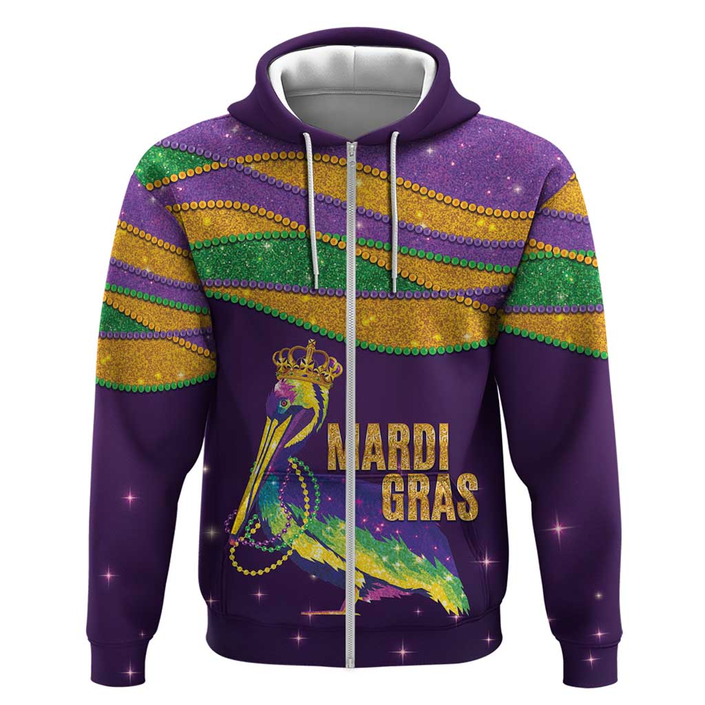 Faux Glitter Mardi Gras Pelican Zip Hoodie - Wonder Print Shop