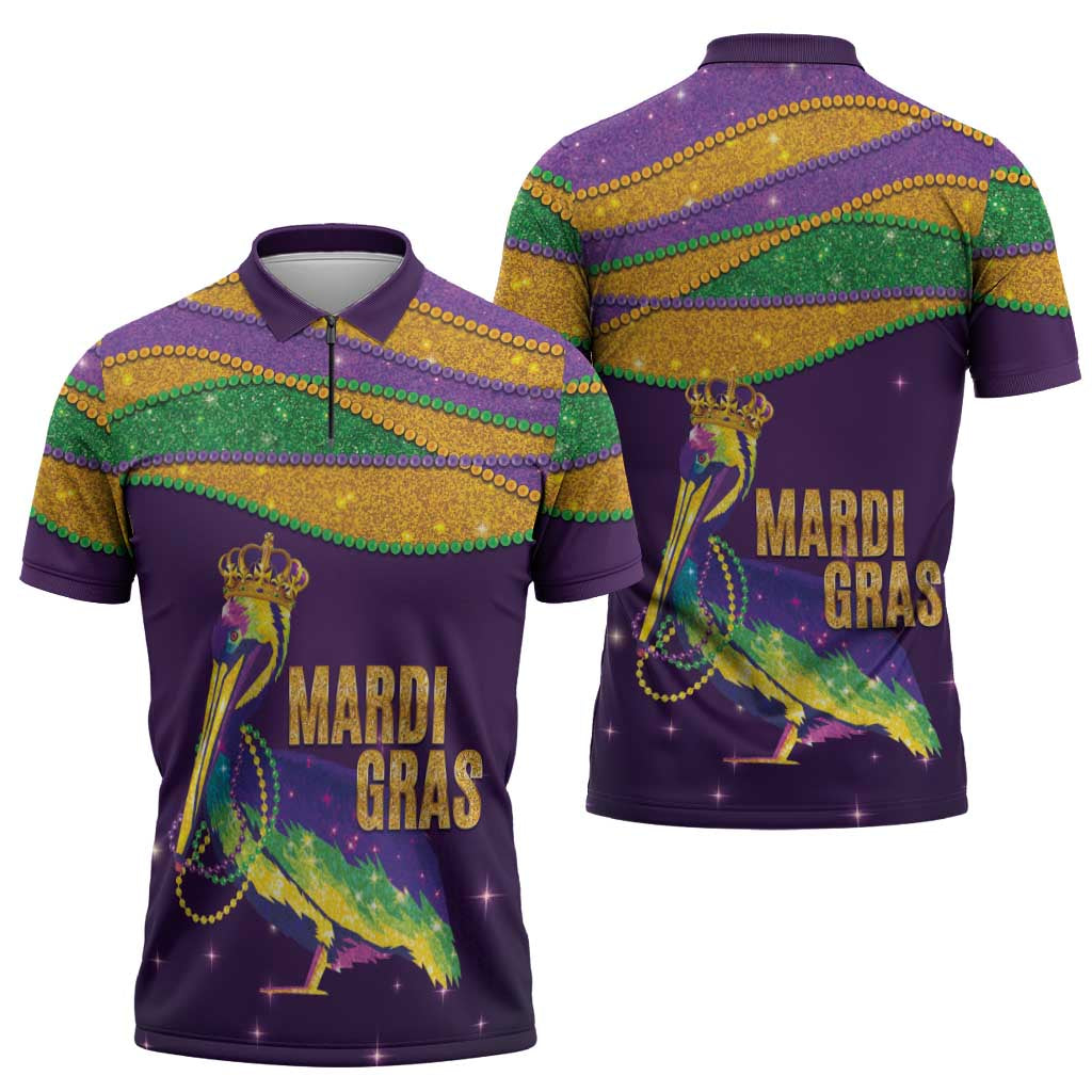 Faux Glitter Mardi Gras Pelican Zipper Polo Shirt - Wonder Print Shop