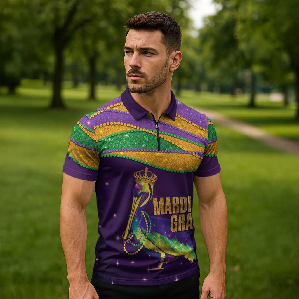 Faux Glitter Mardi Gras Pelican Zipper Polo Shirt - Wonder Print Shop