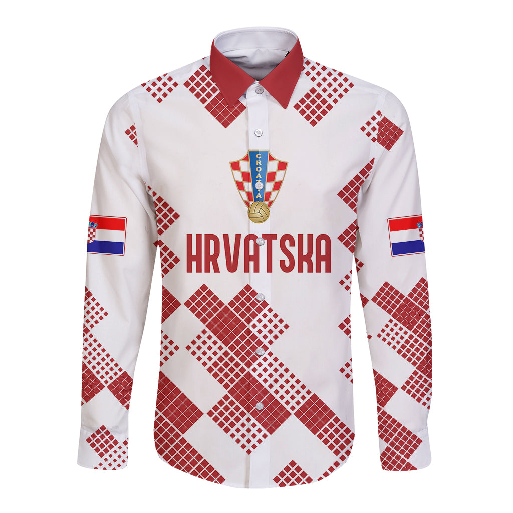 Personalised Croatia Football Long Sleeve Button Shirt Champions Hrvatska - Mosaic Style - Wonder Print Shop