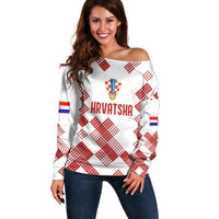 Personalised Croatia Football Off Shoulder Sweater Champions Hrvatska - Mosaic Style - Wonder Print Shop