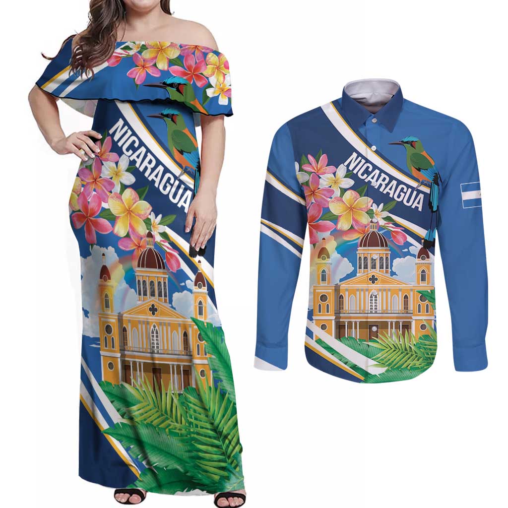 Nicaragua Granada Personalized Couples Matching Off Shoulder Maxi Dress and Long Sleeve Button Shirt Viva Nica - Wonder Print Shop
