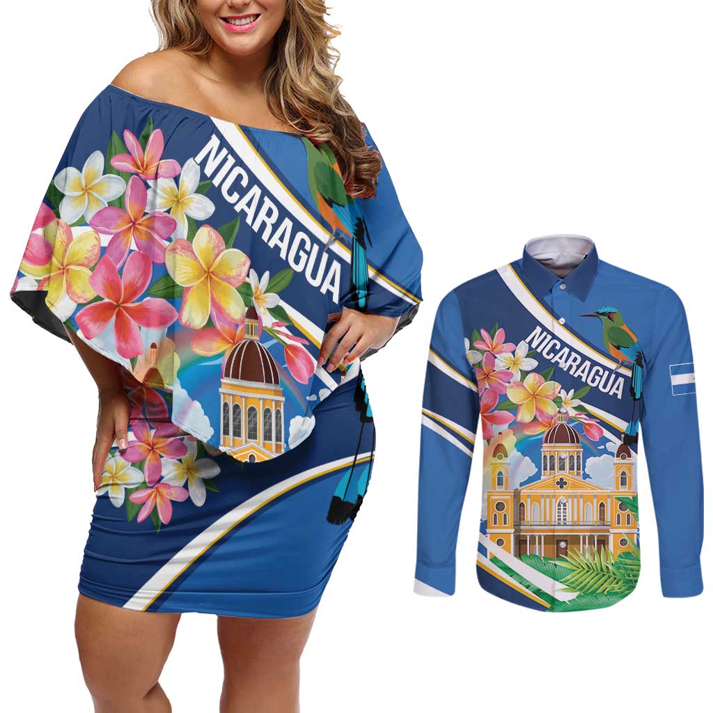 Nicaragua Granada Personalized Couples Matching Off Shoulder Short Dress and Long Sleeve Button Shirt Viva Nica - Wonder Print Shop