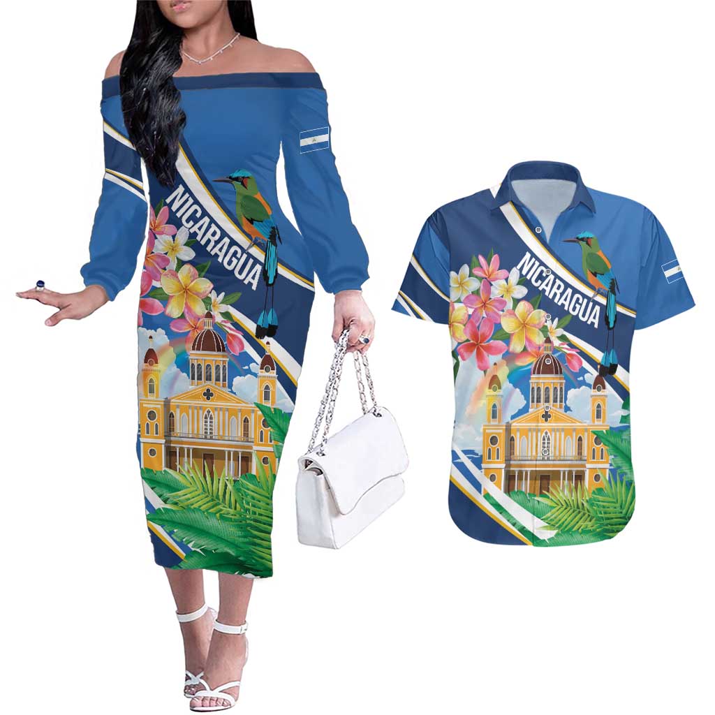 Nicaragua Granada Personalized Couples Matching Off The Shoulder Long Sleeve Dress and Hawaiian Shirt Viva Nica - Wonder Print Shop