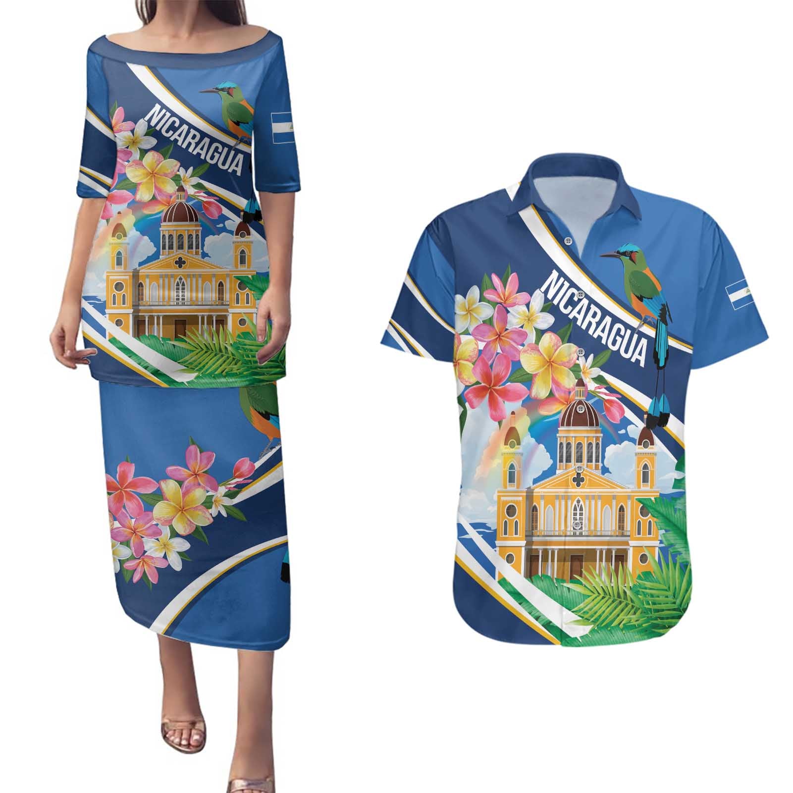 Nicaragua Granada Personalized Couples Matching Puletasi and Hawaiian Shirt Viva Nica - Wonder Print Shop