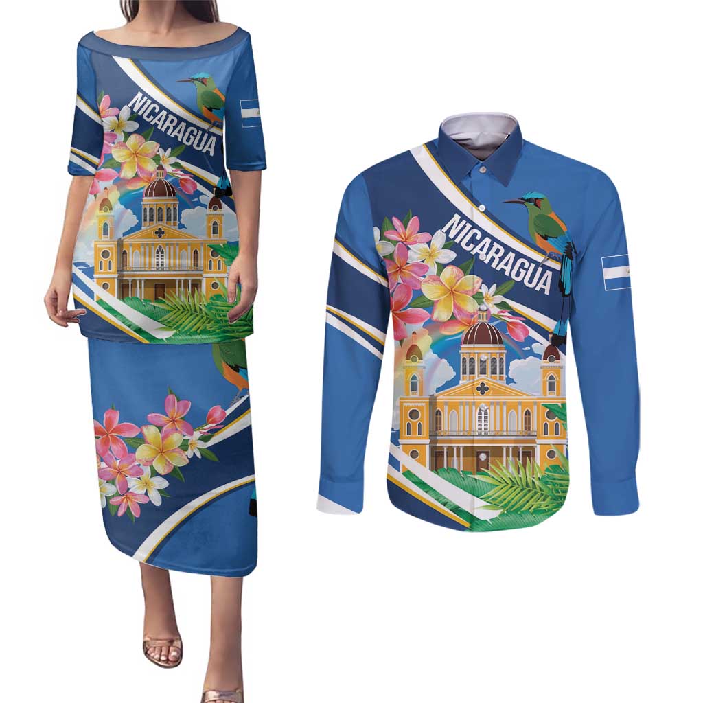 Nicaragua Granada Personalized Couples Matching Puletasi and Long Sleeve Button Shirt Viva Nica - Wonder Print Shop