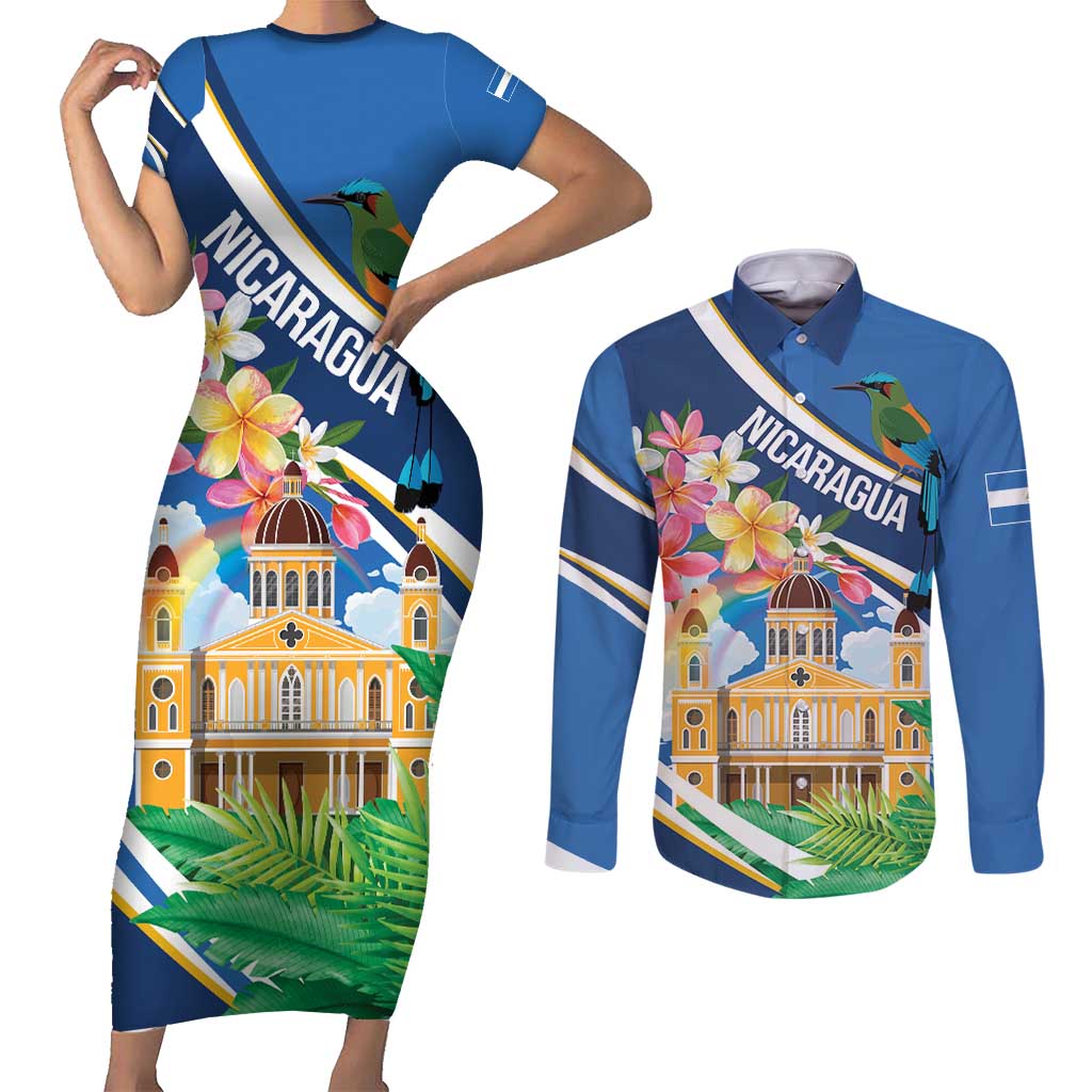 Nicaragua Granada Personalized Couples Matching Short Sleeve Bodycon Dress and Long Sleeve Button Shirt Viva Nica - Wonder Print Shop