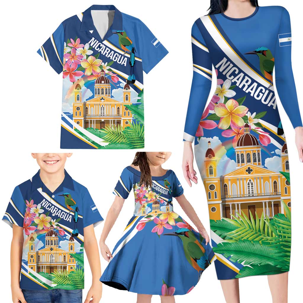Nicaragua Granada Personalized Family Matching Long Sleeve Bodycon Dress and Hawaiian Shirt Viva Nica - Wonder Print Shop