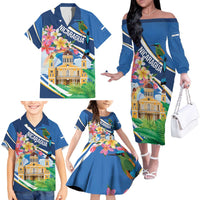 Nicaragua Granada Personalized Family Matching Off The Shoulder Long Sleeve Dress and Hawaiian Shirt Viva Nica - Wonder Print Shop
