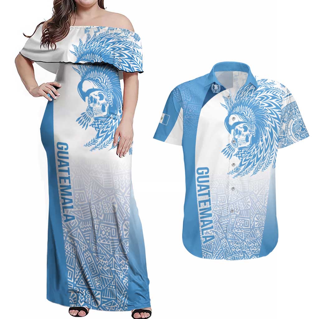 Guatemala Personalized Couples Matching Off Shoulder Maxi Dress and Hawaiian Shirt Mayan Warrior - Wonder Print Shop