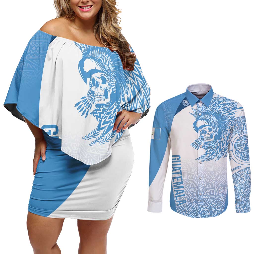 Guatemala Personalized Couples Matching Off Shoulder Short Dress and Long Sleeve Button Shirt Mayan Warrior - Wonder Print Shop