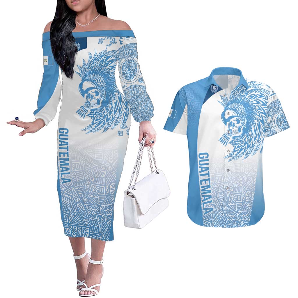 Guatemala Personalized Couples Matching Off The Shoulder Long Sleeve Dress and Hawaiian Shirt Mayan Warrior - Wonder Print Shop