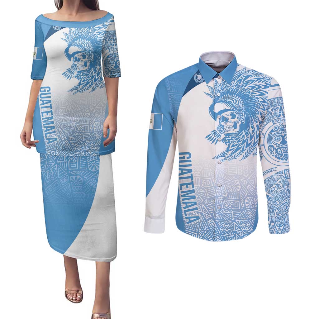 Guatemala Personalized Couples Matching Puletasi and Long Sleeve Button Shirt Mayan Warrior - Wonder Print Shop