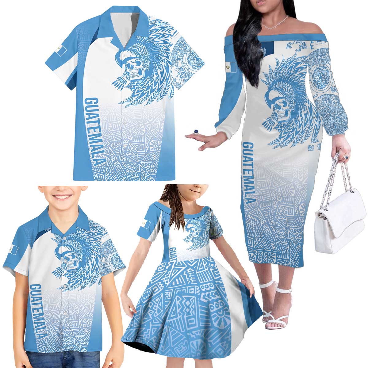 Guatemala Personalized Family Matching Off The Shoulder Long Sleeve Dress and Hawaiian Shirt Mayan Warrior - Wonder Print Shop