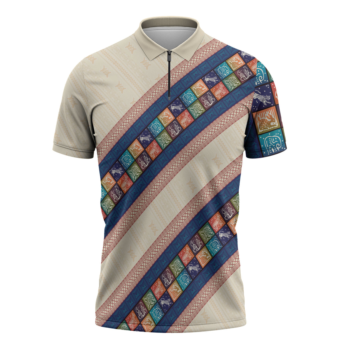 Zimbabwe Heritage Zipper Polo Shirt Screen Print Animals Motif