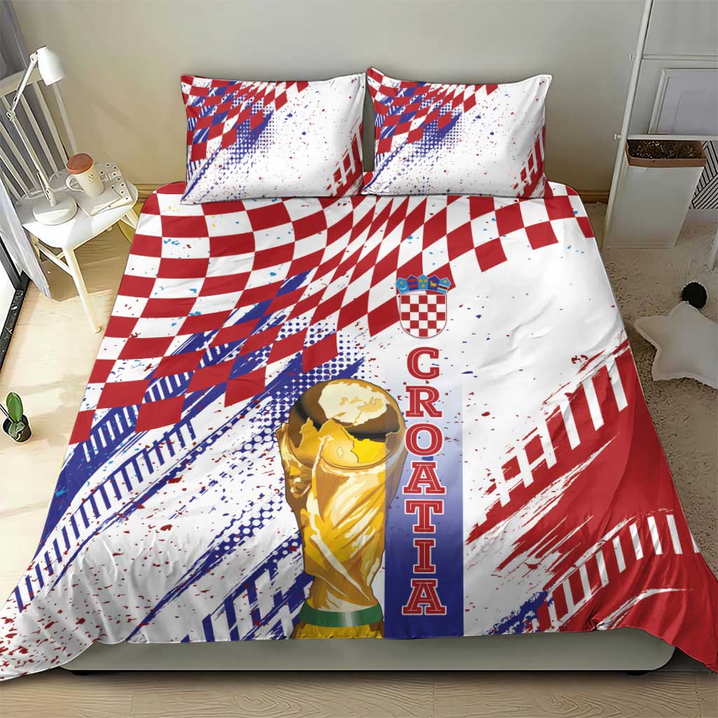 Croatia Football WC2026 White Bedding Set Hrvatska Grunge Checkerboard - Wonder Print Shop