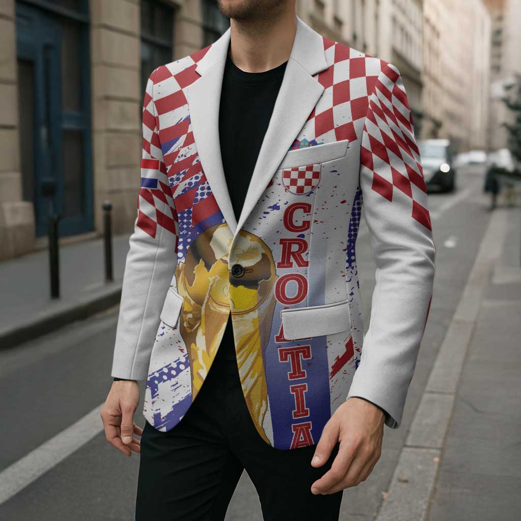 Croatia Football Custom WC2026 White Blazer Hrvatska Grunge Checkerboard - Wonder Print Shop