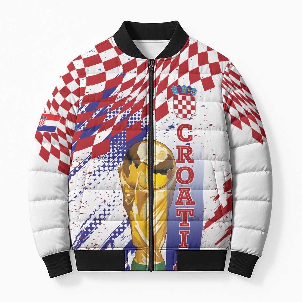 Croatia Football Custom WC2026 White Bomber Puffer Jacket Hrvatska Grunge Checkerboard - Wonder Print Shop