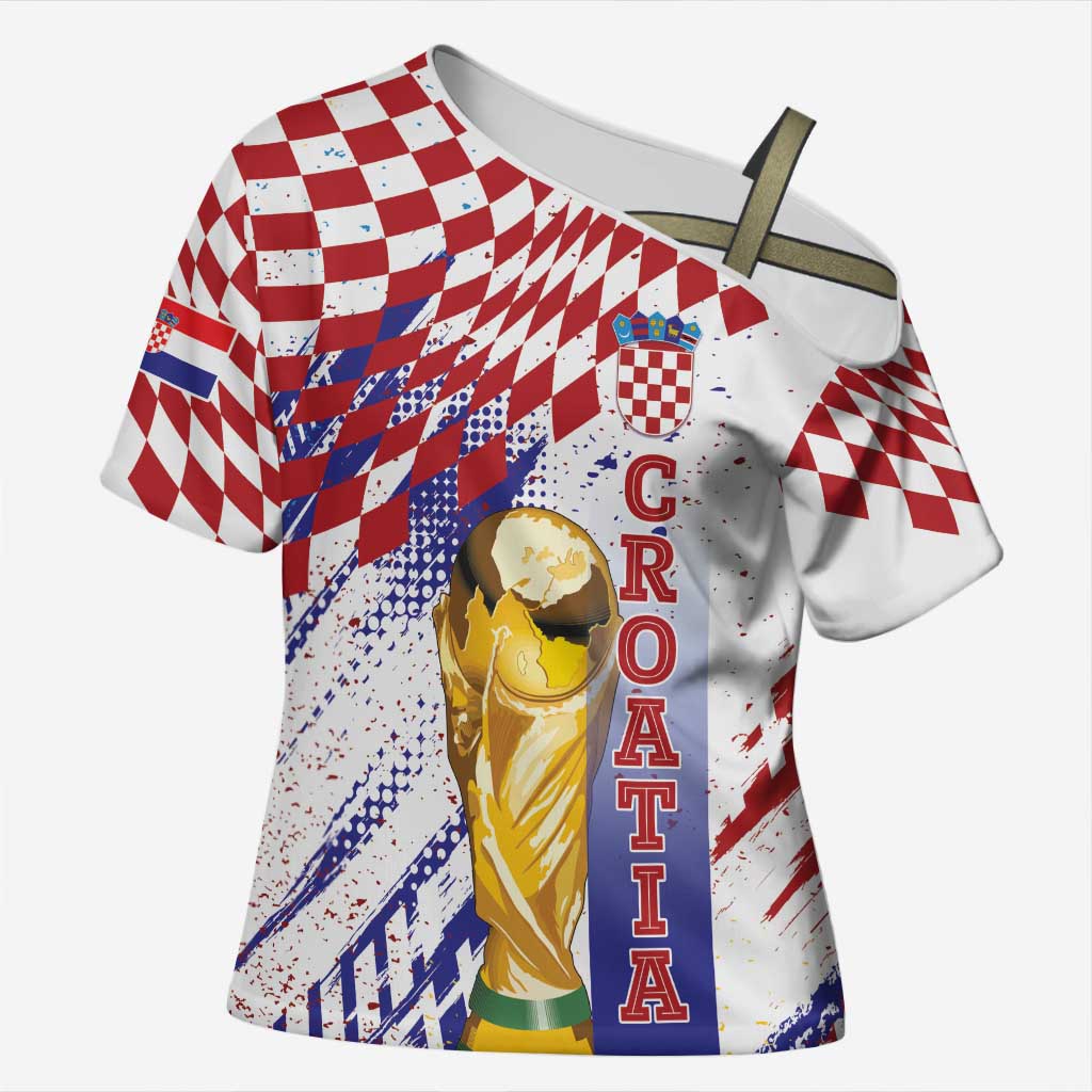 Croatia Football Custom WC2026 White Cross Shoulder Shirt Hrvatska Grunge Checkerboard - Wonder Print Shop