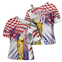 Croatia Football Custom WC2026 White Cross Shoulder Shirt Hrvatska Grunge Checkerboard - Wonder Print Shop