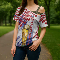 Croatia Football Custom WC2026 White Cross Shoulder Shirt Hrvatska Grunge Checkerboard - Wonder Print Shop