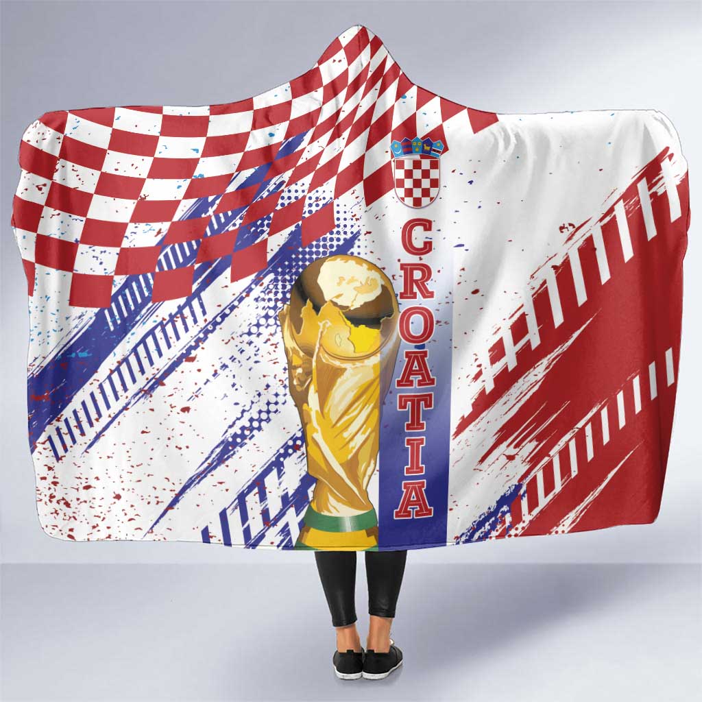 Croatia Football WC2026 White Hooded Blanket Hrvatska Grunge Checkerboard - Wonder Print Shop