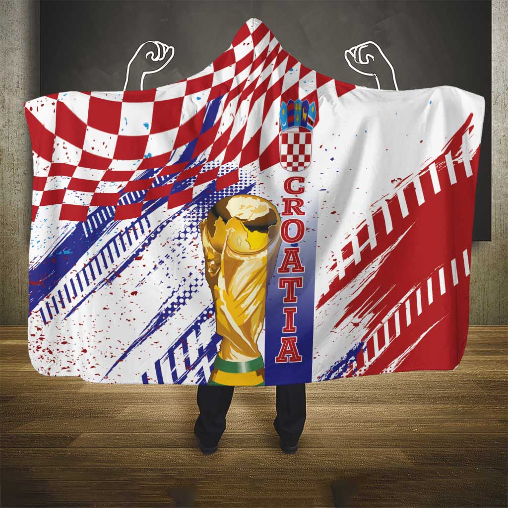 Croatia Football WC2026 White Hooded Blanket Hrvatska Grunge Checkerboard - Wonder Print Shop