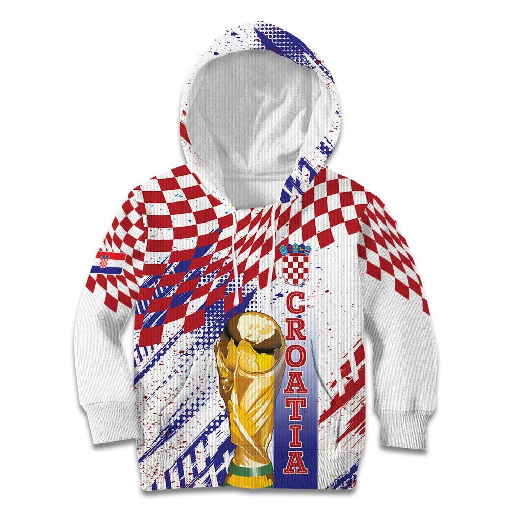 Croatia Football Custom WC2026 White Kid Hoodie Hrvatska Grunge Checkerboard - Wonder Print Shop