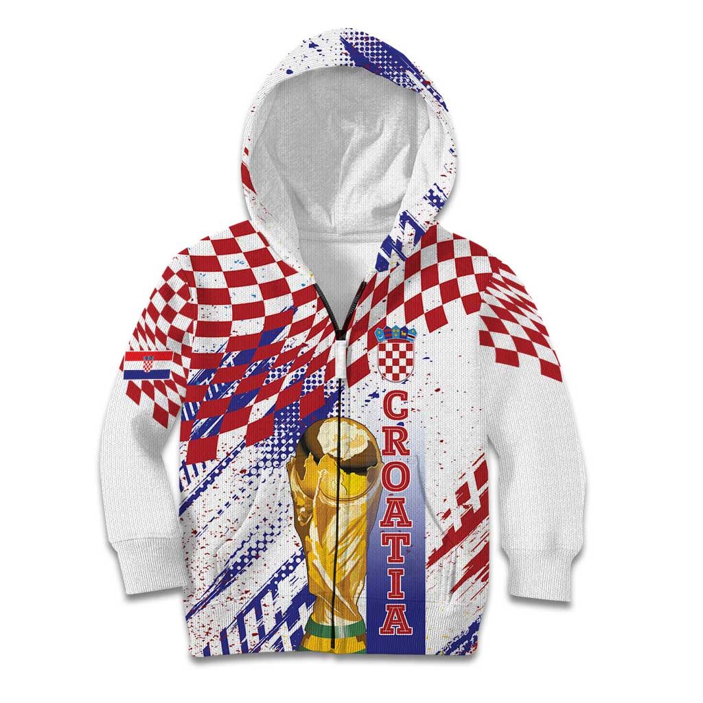 Croatia Football Custom WC2026 White Kid Hoodie Hrvatska Grunge Checkerboard - Wonder Print Shop