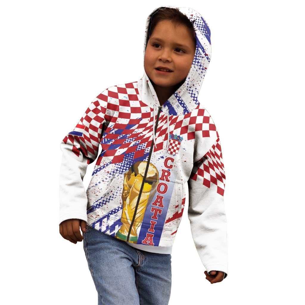Croatia Football Custom WC2026 White Kid Hoodie Hrvatska Grunge Checkerboard - Wonder Print Shop