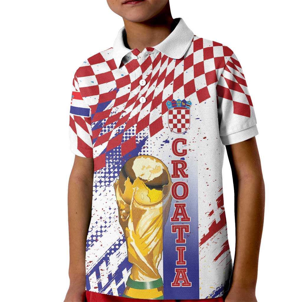 Croatia Football Custom WC2026 White Kid Polo Shirt Hrvatska Grunge Checkerboard - Wonder Print Shop