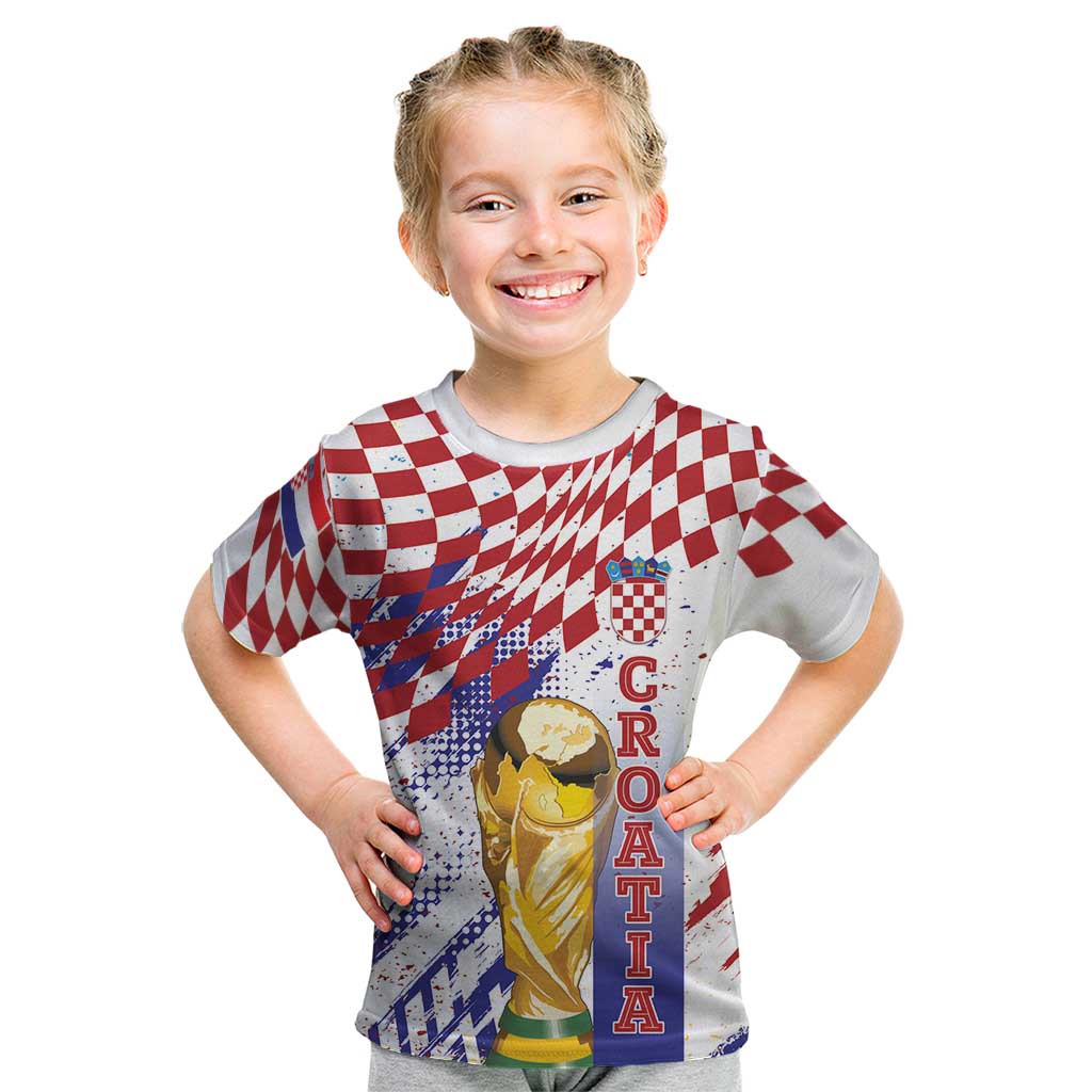 Croatia Football Custom WC2026 White Kid T Shirt Hrvatska Grunge Checkerboard - Wonder Print Shop
