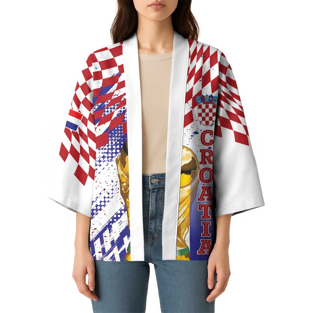 Croatia Football Custom WC2026 White Kimono Hrvatska Grunge Checkerboard - Wonder Print Shop