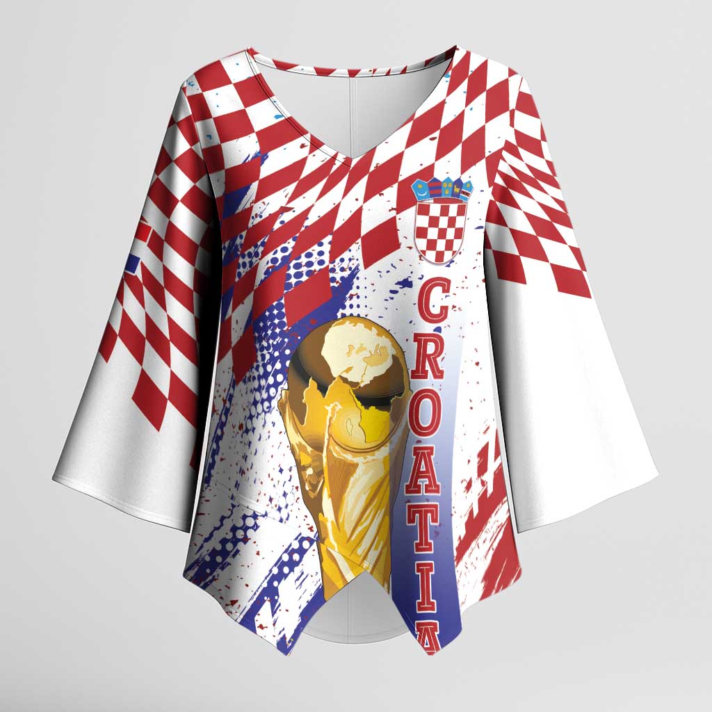 Croatia Football Custom WC2026 White Kimono Sleeve Blouse Hrvatska Grunge Checkerboard - Wonder Print Shop