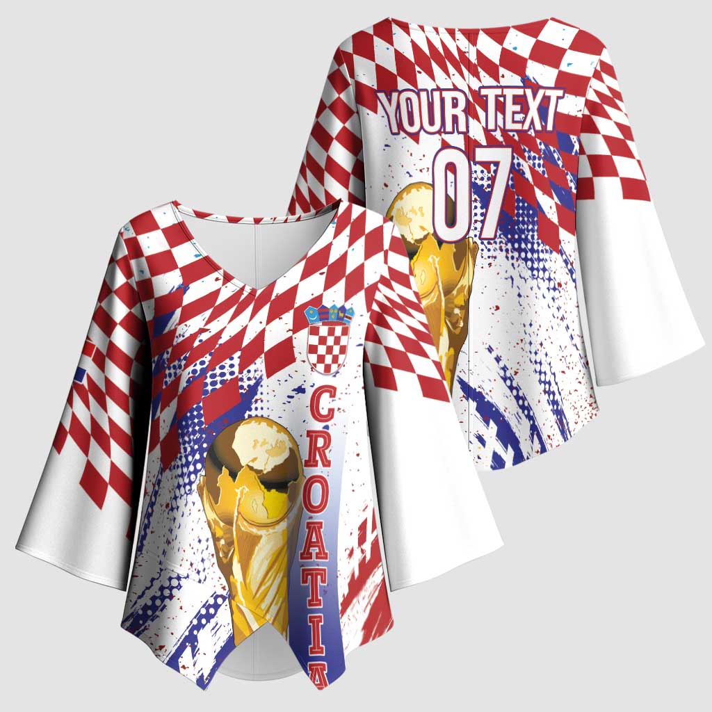 Croatia Football Custom WC2026 White Kimono Sleeve Blouse Hrvatska Grunge Checkerboard - Wonder Print Shop