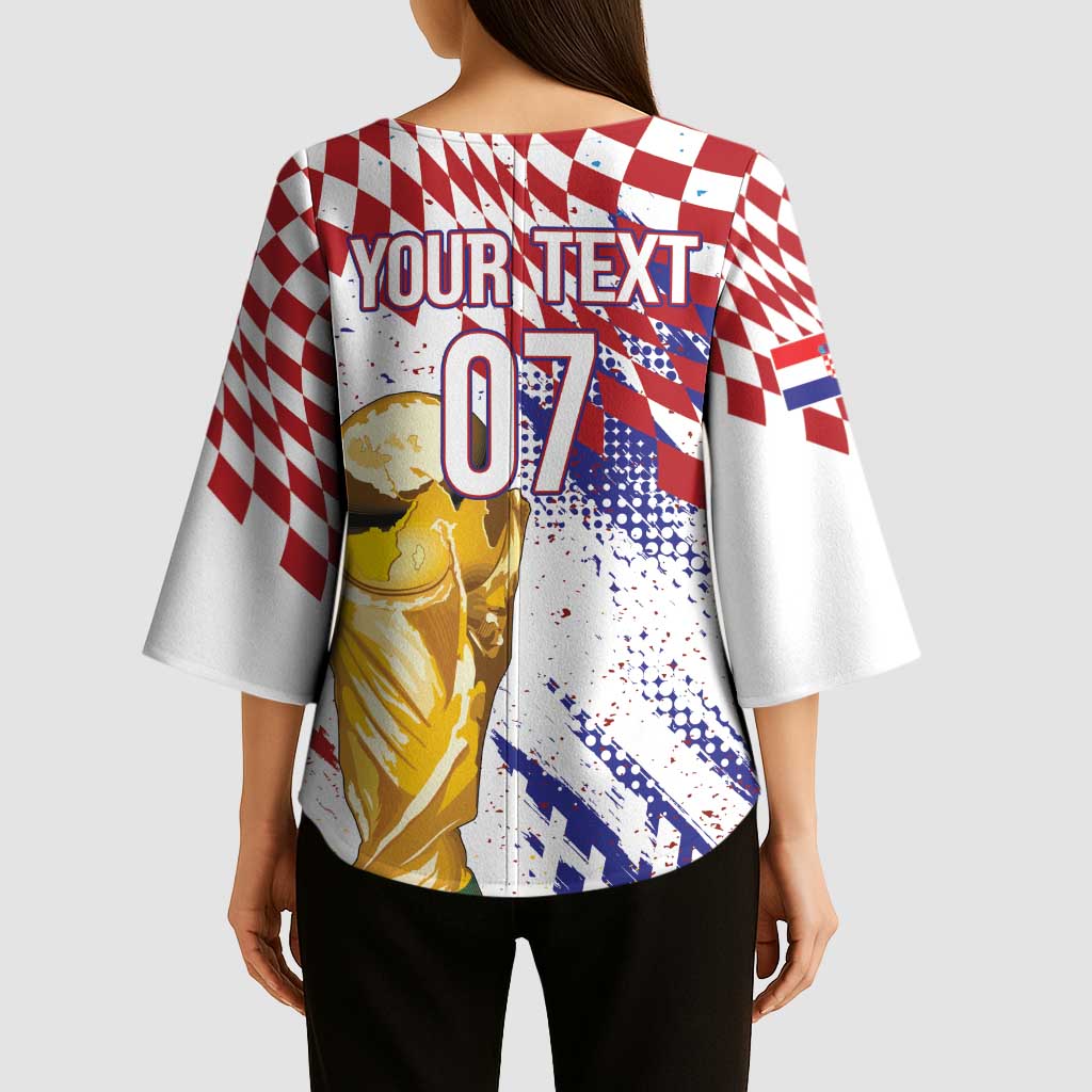 Croatia Football Custom WC2026 White Kimono Sleeve Blouse Hrvatska Grunge Checkerboard - Wonder Print Shop