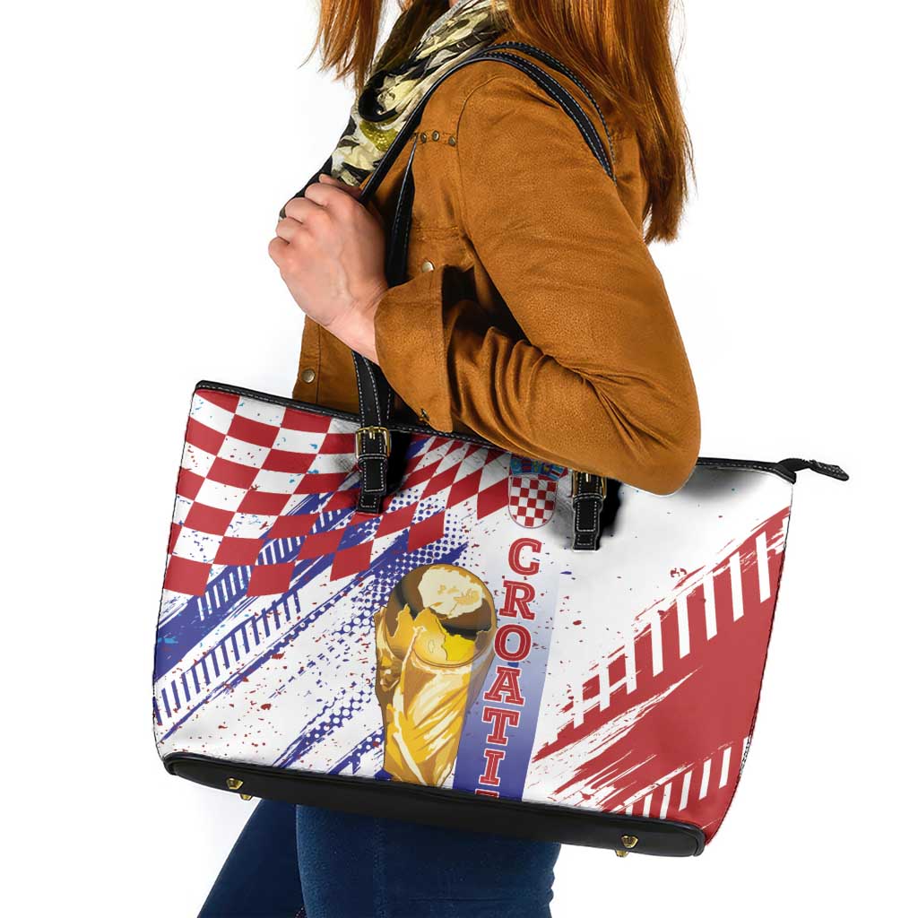 Croatia Football WC2026 White Leather Tote Bag Hrvatska Grunge Checkerboard - Wonder Print Shop